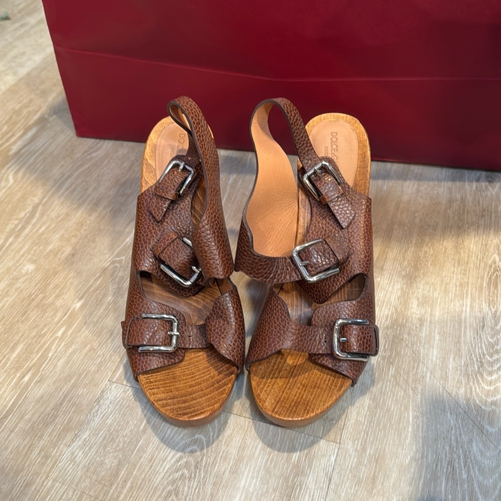 Dolce & Gabanna Zoccolo Jungle Brown Leather Buckles Wooden Clog Sandals size 40